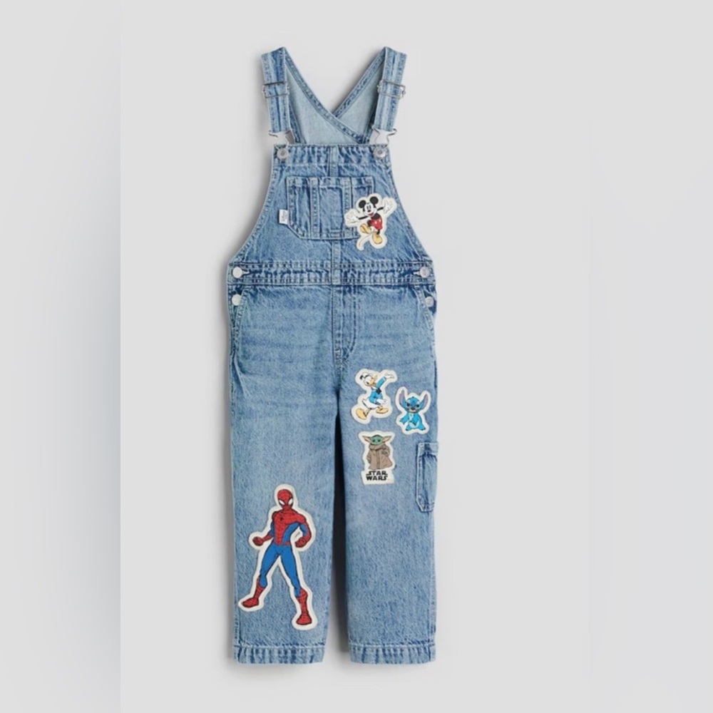 H&M Blue Denim Overalls with Cartoon Characters
